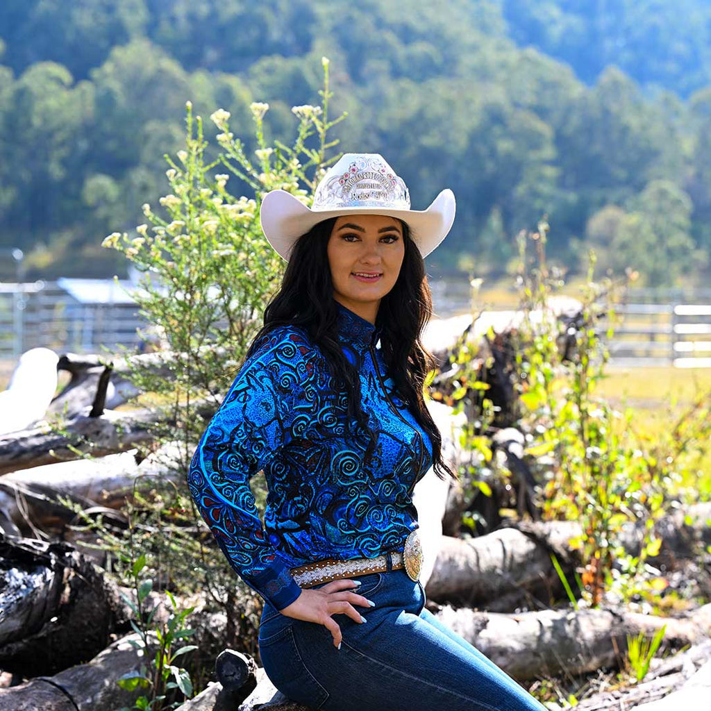  Blue tones Ladies Equestrian Long Sleeve Shirt 'Brumby Blue' Pure Dust