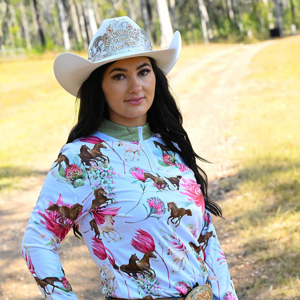 Women's Long Sleeved Petals & Ponies Fishing Shirt with Stand Collar. Sun Protection. Pure Dust 2