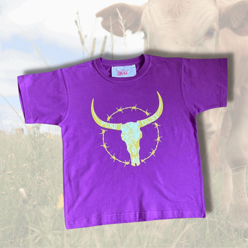 Kids Purple Cotton Tee with Gold Skull Logo Pure Dust